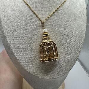 Vintage AVON Birdcage Pendant Necklace – Gold Tone with Pearl & Rhinestones
